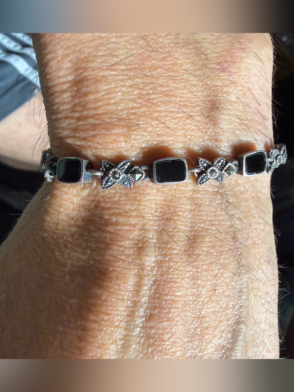 Vintage 925 Sterling Silver Black Onyx Marcasite Link Bracelet Size 6.75